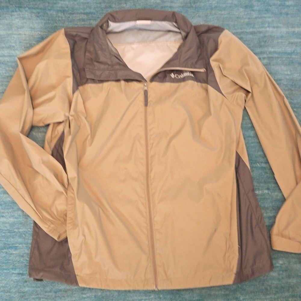 Columbia waterproof packable raincoat jacket hooded gray and tan men's Lg.
